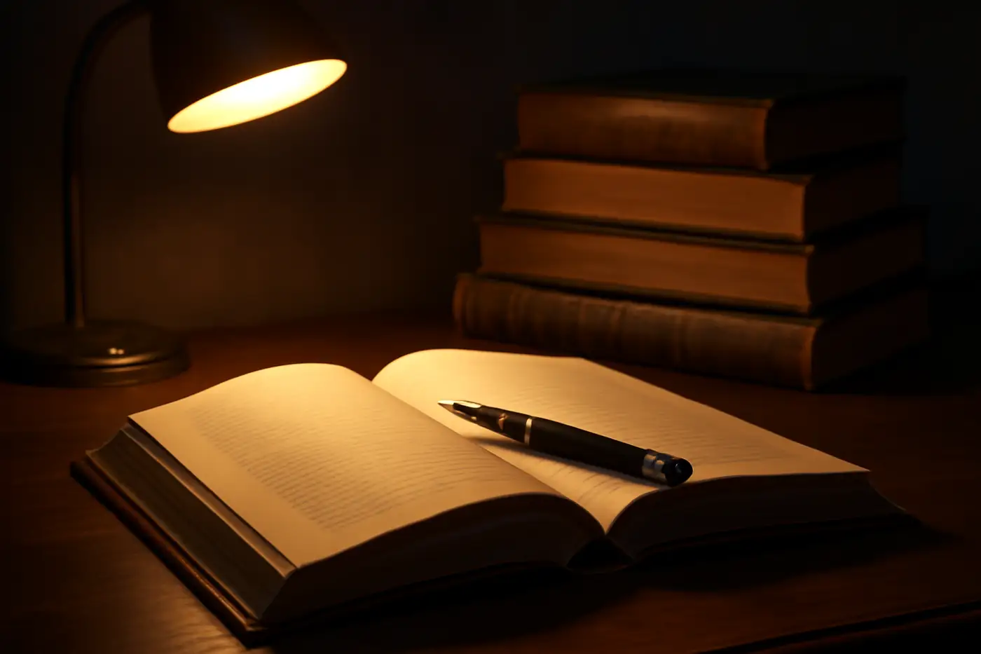 Open boek en vulpen op een donker bureau